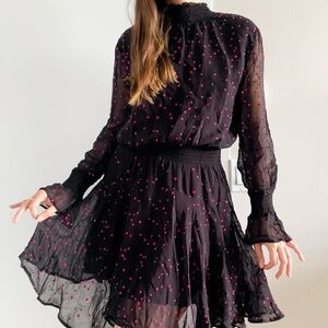 All Saints | Black "Ria Nala" pink star high neck long sleeve mini dress | Sz M